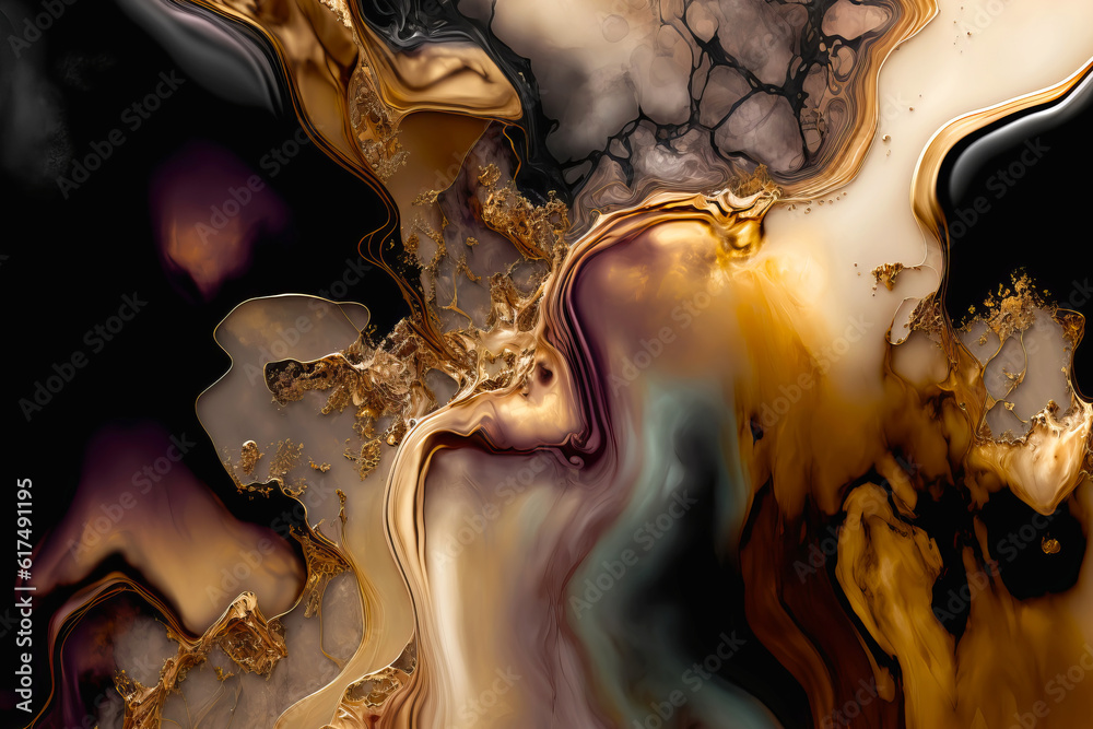 Fluid Art. Liquid black ink and gold metallic swirls and wave. Generative AI illustration