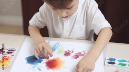 Boy painting by his hands with watercolor. Above view