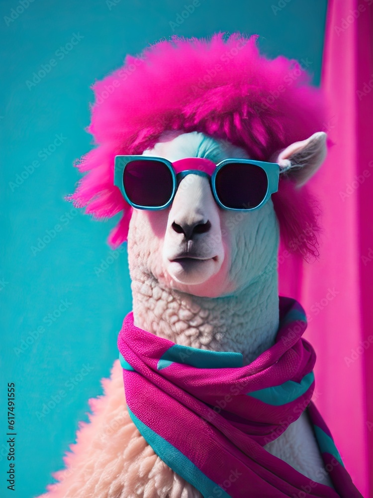 Pink alpaca with sunglasses and a scarf. ai generative Pink alpaca with sunglasses and a scarf. ai generative