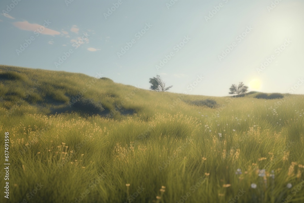 A minimalist landscape with a scenic meadow or field, Generative AI