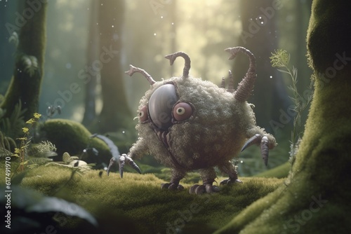 A whimsical illustration of a creature or character from a fantasy world in a peaceful and serene forest setting, Generative AI
