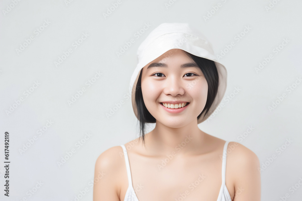 Beige-hatted Asian beauty steals the spotlight with her smooth skin and mesmerizing gaze against a pristine white background. Generative AI. Beige-hatted Asian beauty steals the spotlight with her smooth skin and mesmerizing gaze against a pristine white background. Generative AI.