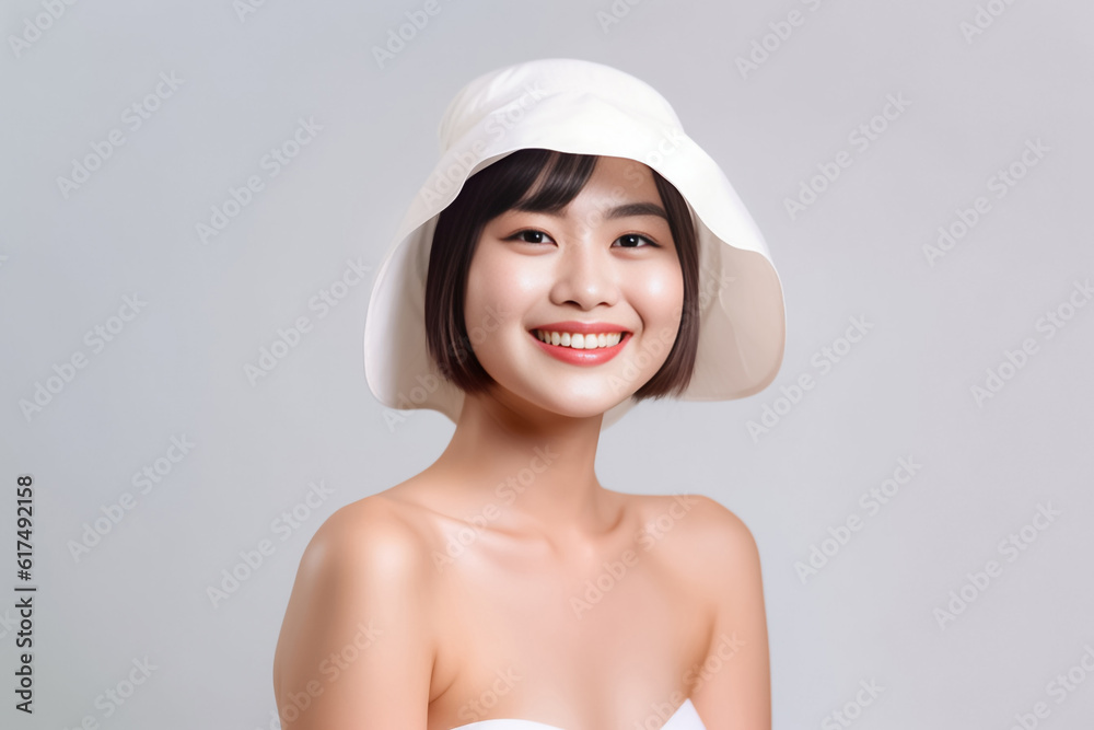 Beige-hatted Asian beauty steals the spotlight with her smooth skin and mesmerizing gaze against a pristine white background. Generative AI. Beige-hatted Asian beauty steals the spotlight with her smooth skin and mesmerizing gaze against a pristine white background. Generative AI.