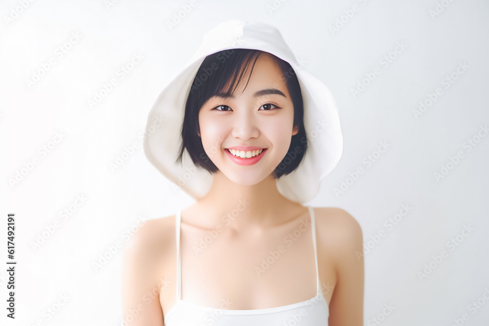 Beige-hatted Asian beauty steals the spotlight with her smooth skin and mesmerizing gaze against a pristine white background. Generative AI. Beige-hatted Asian beauty steals the spotlight with her smooth skin and mesmerizing gaze against a pristine white background. Generative AI.