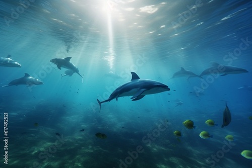 A detailed illustration of a group of marine creatures, such as dolphins or whales, in a stunning and vibrant ocean environment, Generative AI © RONALDO