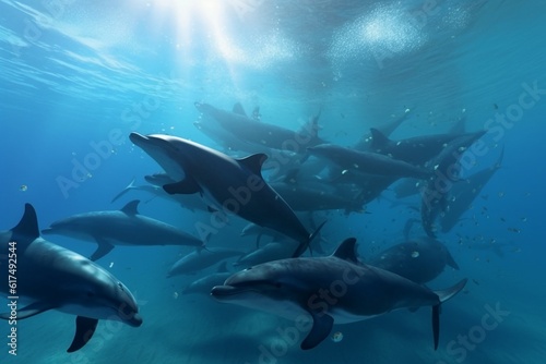 A detailed illustration of a group of marine creatures  such as dolphins or whales  in a stunning and vibrant ocean environment  Generative AI