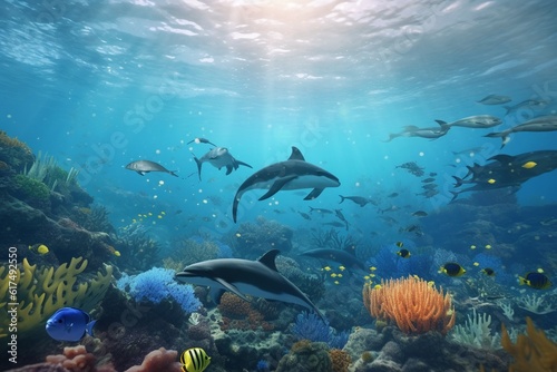 A detailed illustration of a group of marine creatures, such as dolphins or whales, in a stunning and vibrant ocean environment, Generative AI