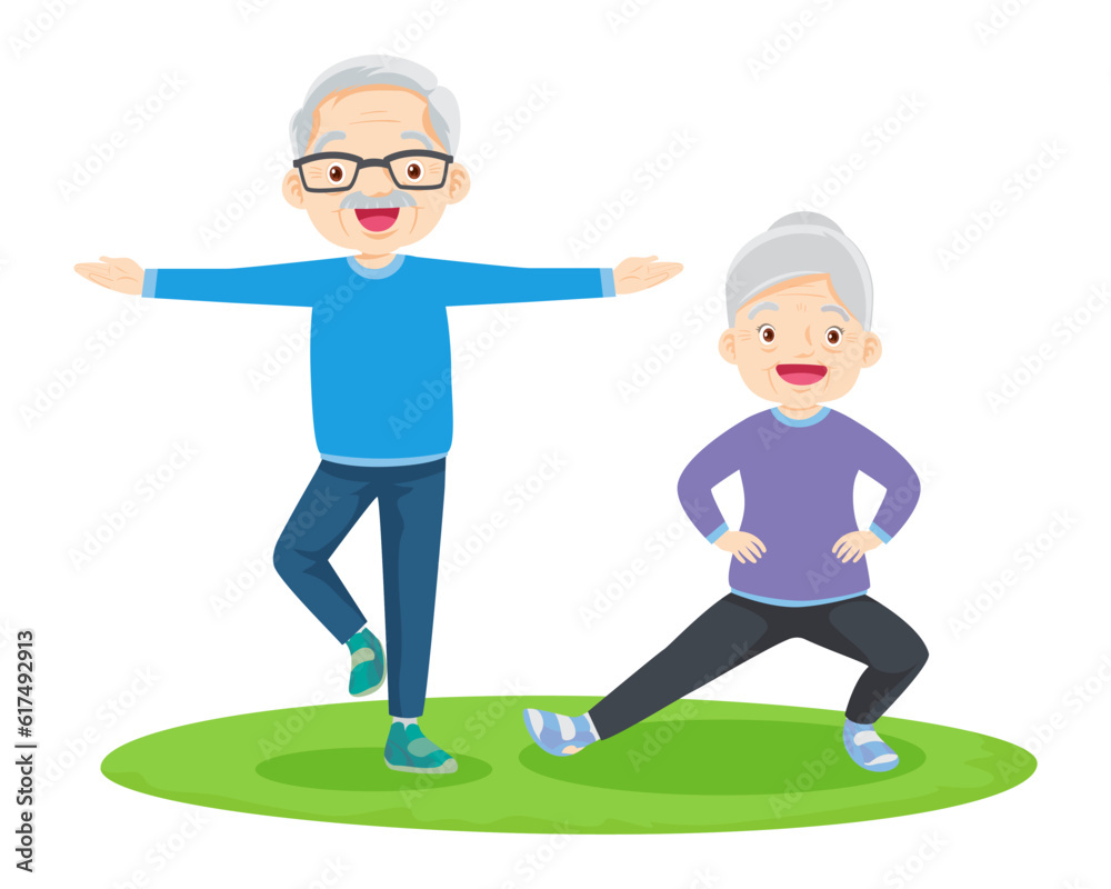 Elderly couple practicing yoga. Active Grandparents doing exercises Elderly couple practicing yoga. Active Grandparents doing exercises
