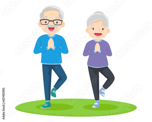 Elderly couple practicing yoga. Active Grandparents doing exercises