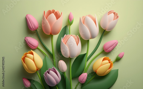 Tulips flowers on green background. Generative AI