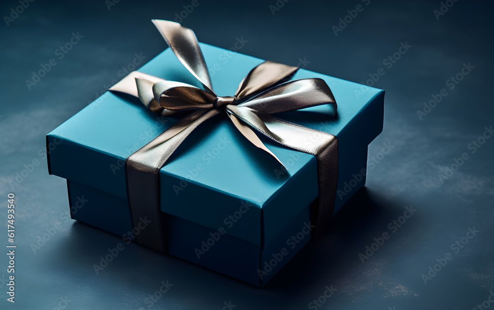 Blue gift box with silver bow on dark background. Toned. Generative AI Blue gift box with silver bow on dark background. Toned. Generative AI