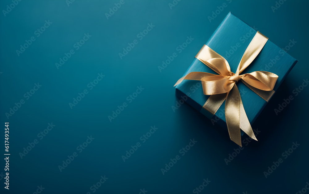 Gift box with gold ribbon on blue background. Top view. Generative AI