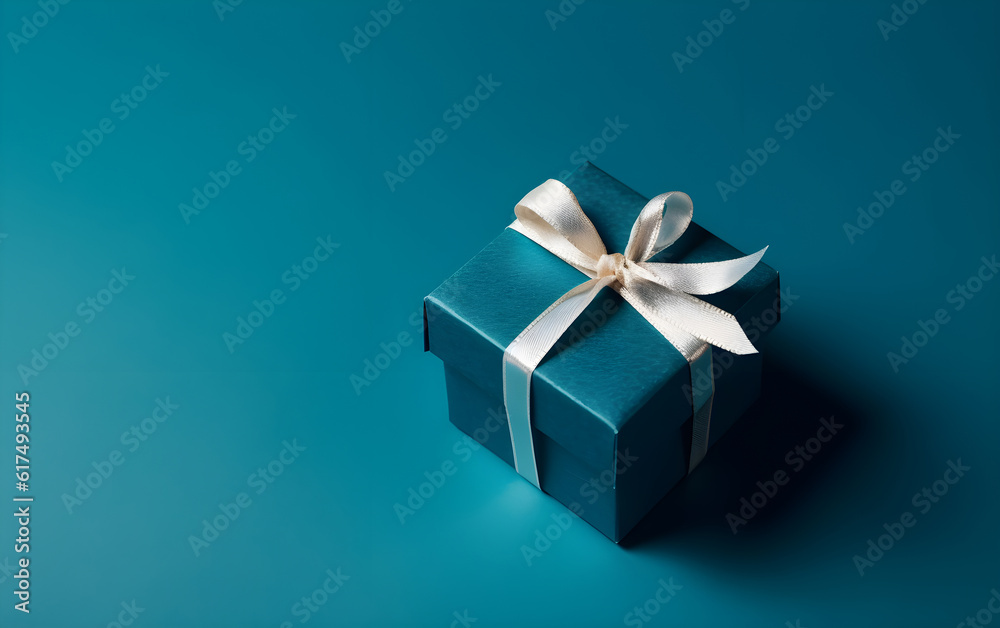 Blue gift box with white bow on turquoise background. Copy space. Generative AI Blue gift box with white bow on turquoise background. Copy space. Generative AI