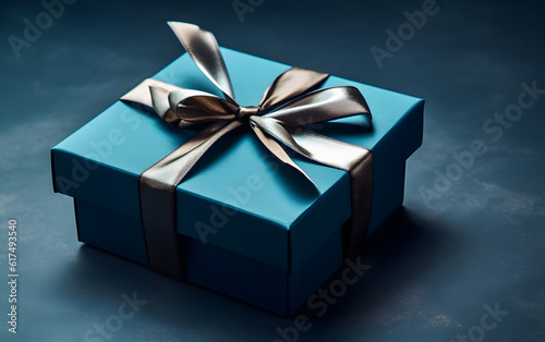 Blue gift box with silver bow on dark background. Toned. Generative AI