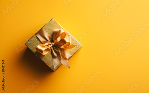 Gift box with golden bow on yellow background. Top view. Generative AI.
