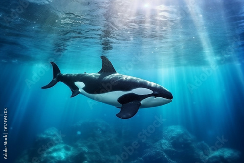 Killer whale swimming in the deep blue ocean with sunbeams