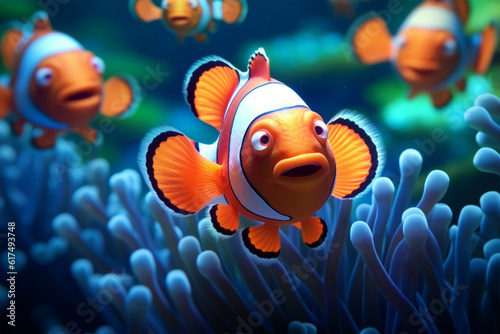 Clown anemonefish swimming in anemonene life