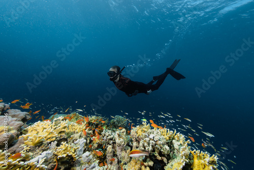 Free diver swimming into the deepness with corals.