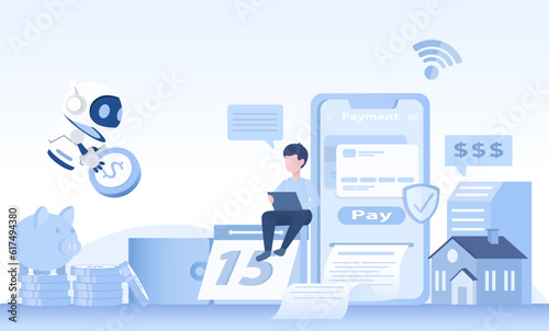 Real estate or online mortgage payment concept. The help of AI robots in payment management and financial planning. Securely link to your bank accounts, income and expense. Vector design illustration.