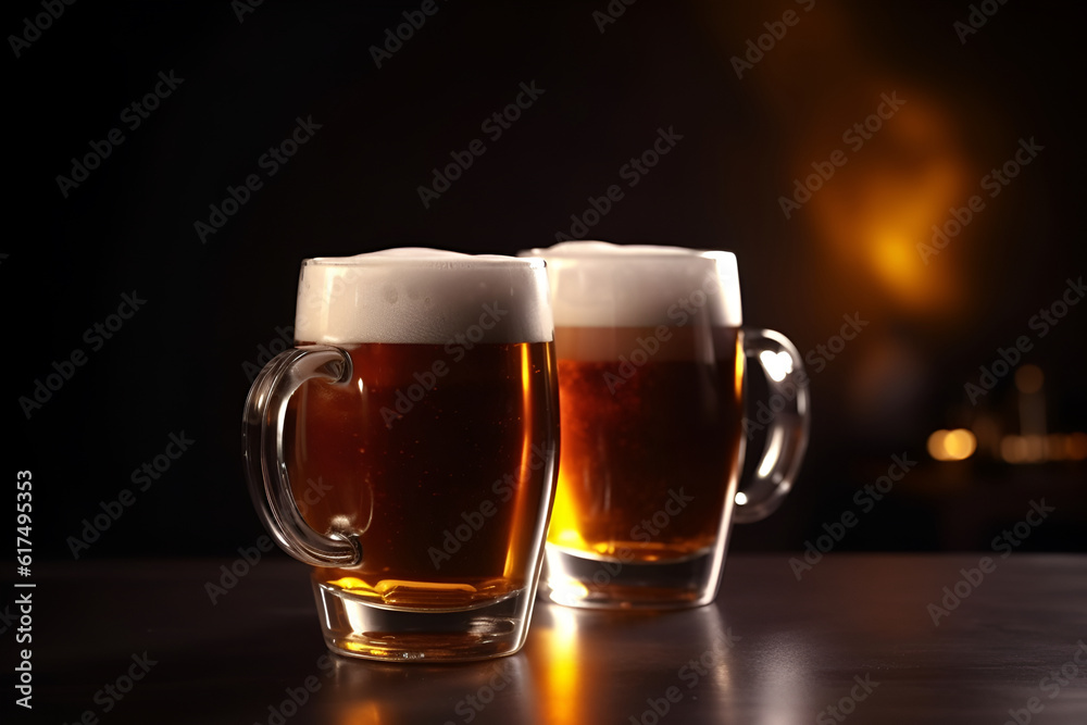  Two glasses of beer with foam on a dark background. Generative AI content.