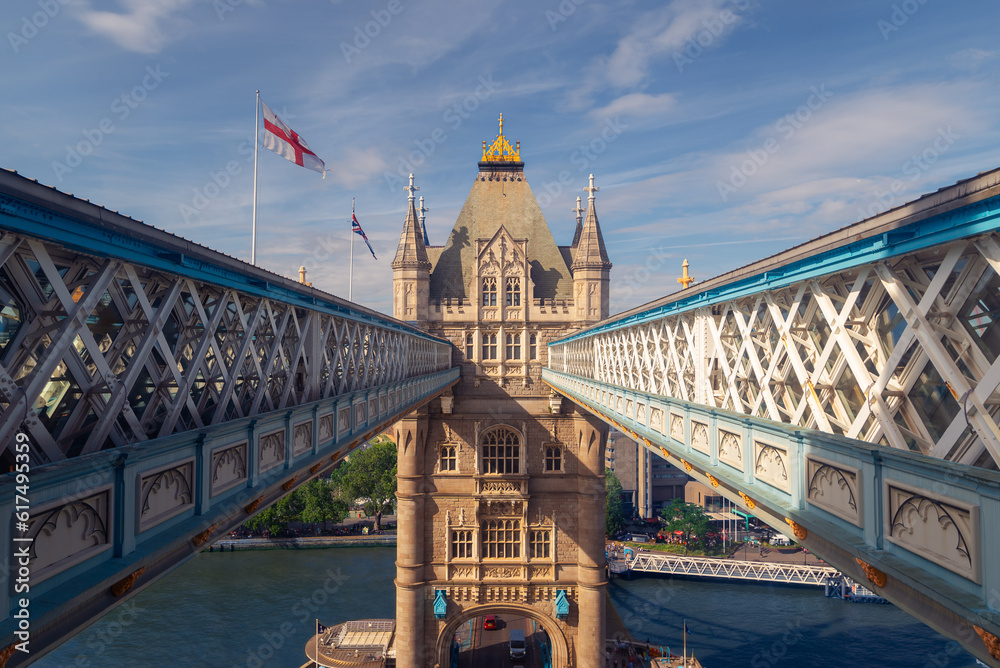 Unique view about the Tower bridge in London. A view from the south tower of Tower bridge.