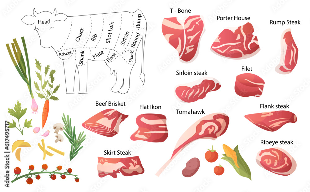 Set slices of beef, loin, sirloin, ribeye, skirt steak, flank steak, porterhouse, vegetables, vector illustration