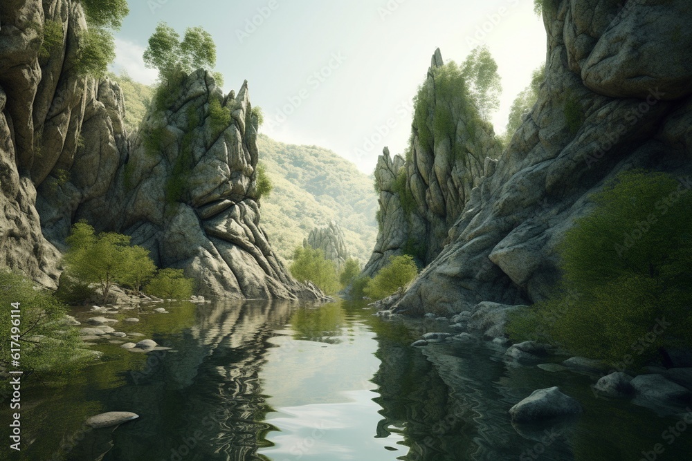 A surreal illustration of a distorted or manipulated natural feature, such as a forest or river, Generative AI