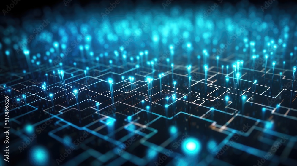 Abstract technology background with a cyber network grid and connected particles. Artificial neurons, global data connections - Generative AI Abstract technology background with a cyber network grid and connected particles. Artificial neurons, global data connections - Generative AI