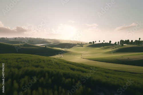 A minimalist landscape with a scenic countryside or farmland, Generative AI