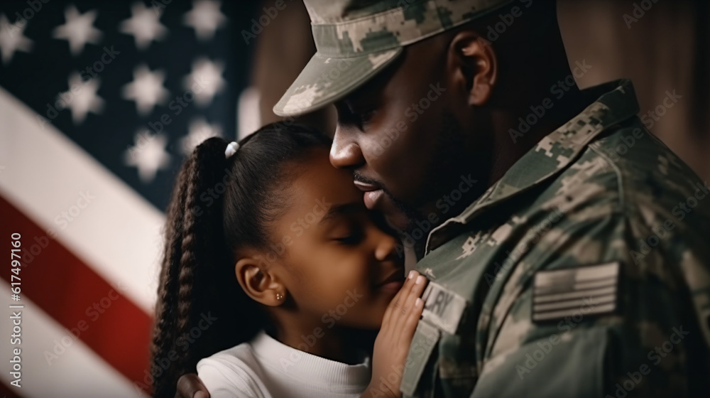 Obraz premium Happy African american father wearing military uniform and his daughter embracing, holding usa flag