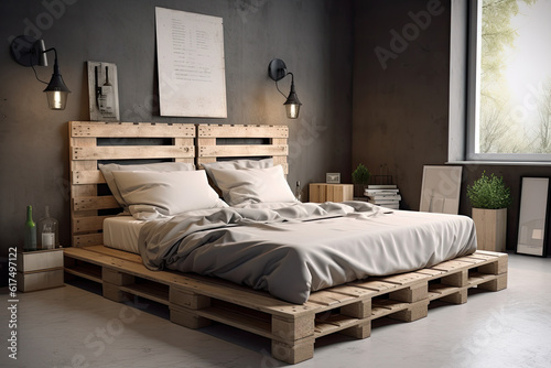 Pallet reuse, bed in modern interior. photo