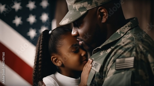 Happy African american father wearing military uniform and his daughter embracing, holding usa flag