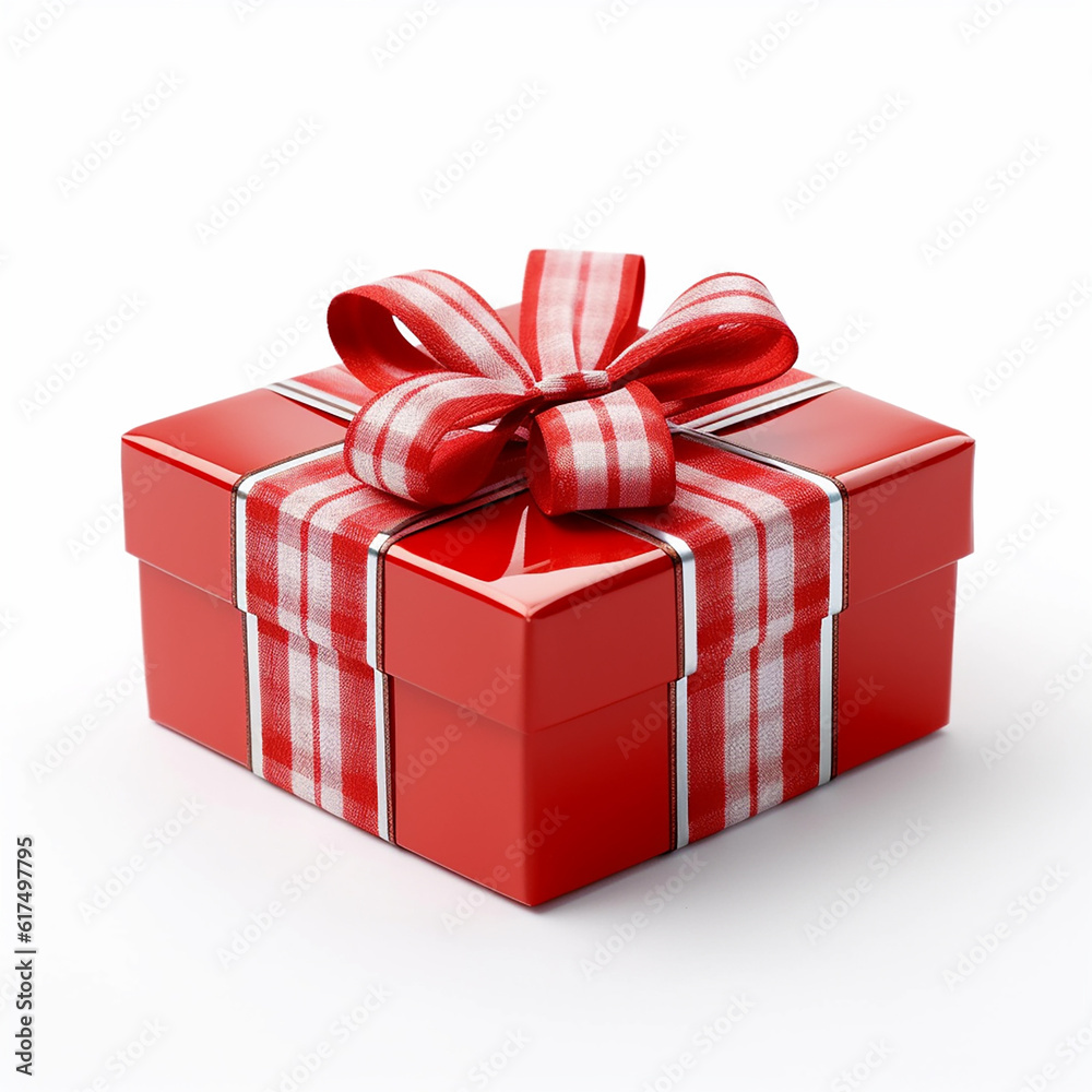Fototapeta premium Red gift box with bow on white background. Celebrate concept