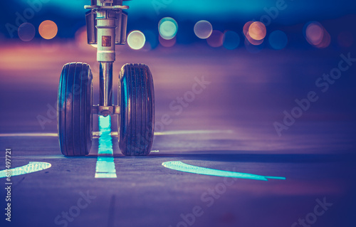 Airplane Wheels On The Runway At Sunset photo