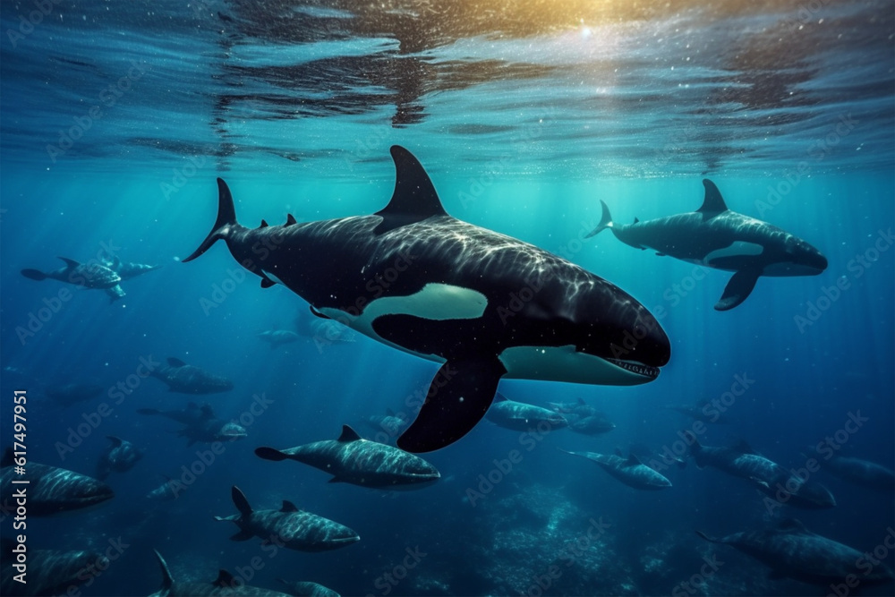 Obraz premium Killer whale swimming in the deep blue ocean with sunbeams