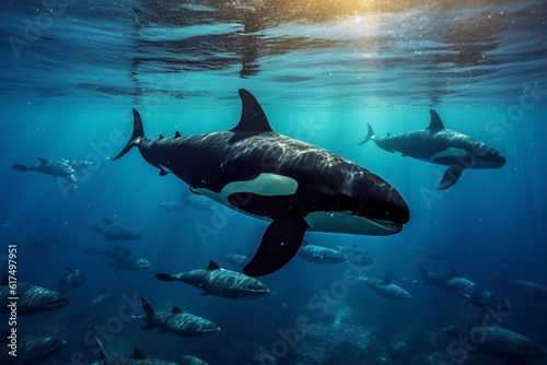 Killer whale swimming in the deep blue ocean with sunbeams