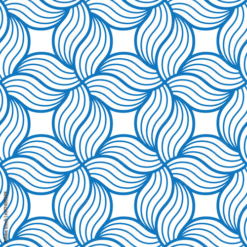 Abstract geometric composition with blue striped waves on a white background. Seamless repeating pattern. Textile graphic texture. Stylish modern design. Vector illustration.
