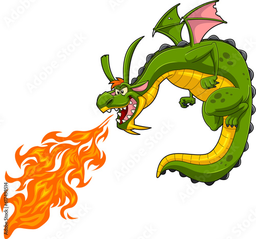 Angry Green Dragon Cartoon Character Flying And Spitting Fire. Vector Hand Drawn Illustration Isolated On Transparent Background