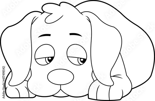Outlined Sad Dog Cartoon Character Lying. Vector Hand Drawn Illustration Isolated On Transparent Background