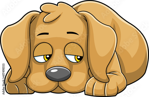 Sad Brown Dog Cartoon Character Lying. Vector Hand Drawn Illustration Isolated On Transparent Background