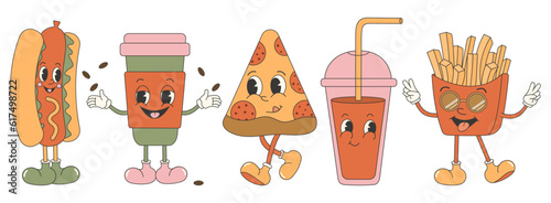 Trendy groovy fast food sticker set. Retro vintage vector set with cute and funny characters. Hot dog, coffee, soda, french fries, pizza.