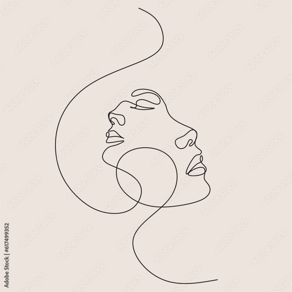 Woman Line Art Minimalist Logo. Nature Organic Cosmetics Makeup. Flower head Feminine Illustration line drawing. Woman face with flowers line