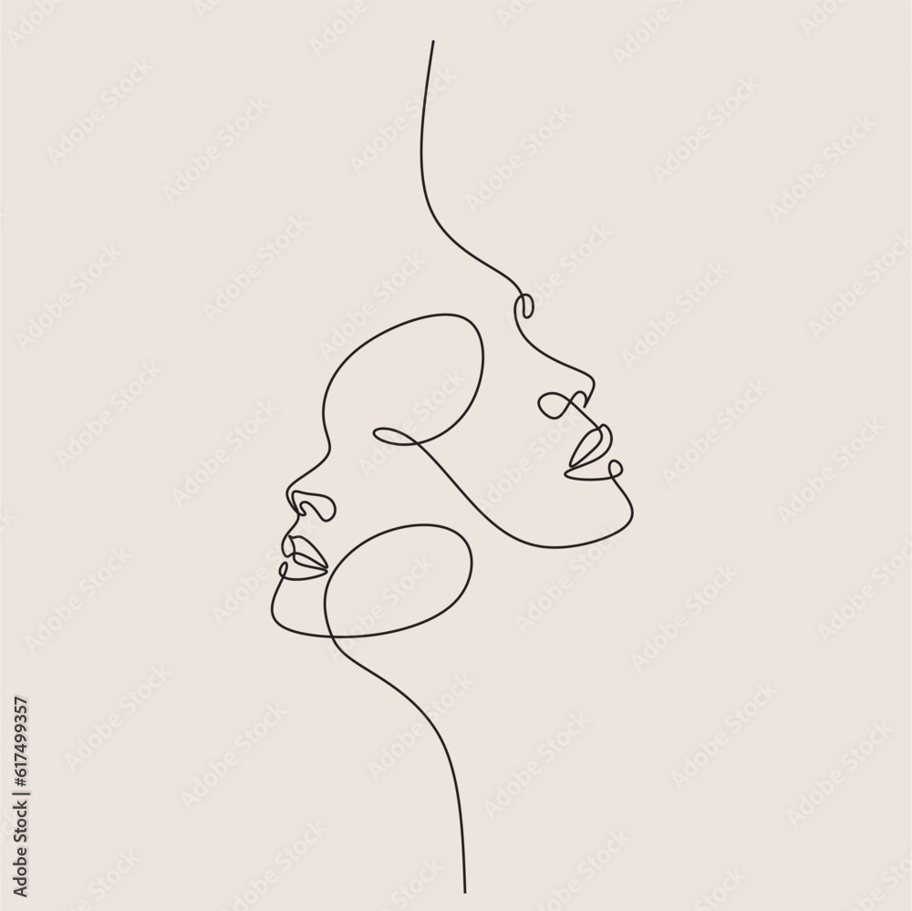 Woman Line Art Minimalist Logo. Nature Organic Cosmetics Makeup. Flower head Feminine Illustration line drawing. Woman face with flowers line