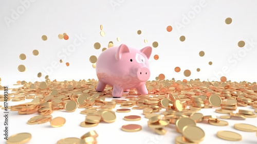 Golden coins putting to pink piggy save money on white background for deposit and financial saving growth concept by 3d render