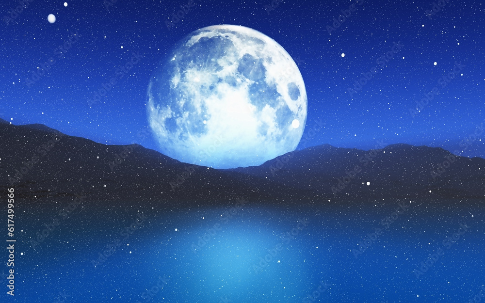 3D render of a snowy landscape with a moonlit sky