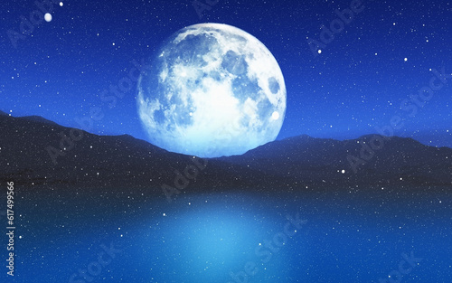3D render of a snowy landscape with a moonlit sky