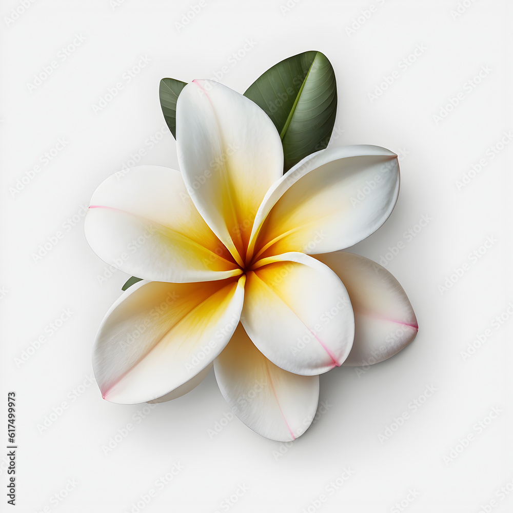 Naklejka premium Bouquet of yellow orange Frangipani Plumeria flower plant with leaves isolated on white background. 3D rendering. Flat lay, top view. macro closeup 