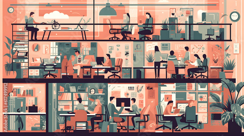 business office interior workplace people working and communicating flat design illustration generative AI.