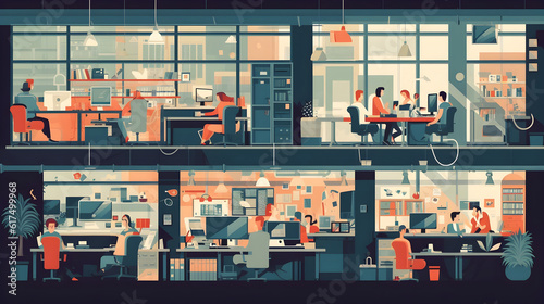 business office interior workplace people working and communicating flat design illustration generative AI.