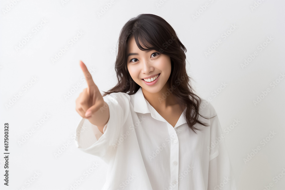 Pointing finger of an Asian girl highlights vacant space on a white background, making it a prime choice for a promotional advertising banner. Generative AI. Pointing finger of an Asian girl highlights vacant space on a white background, making it a prime choice for a promotional advertising banner. Generative AI.